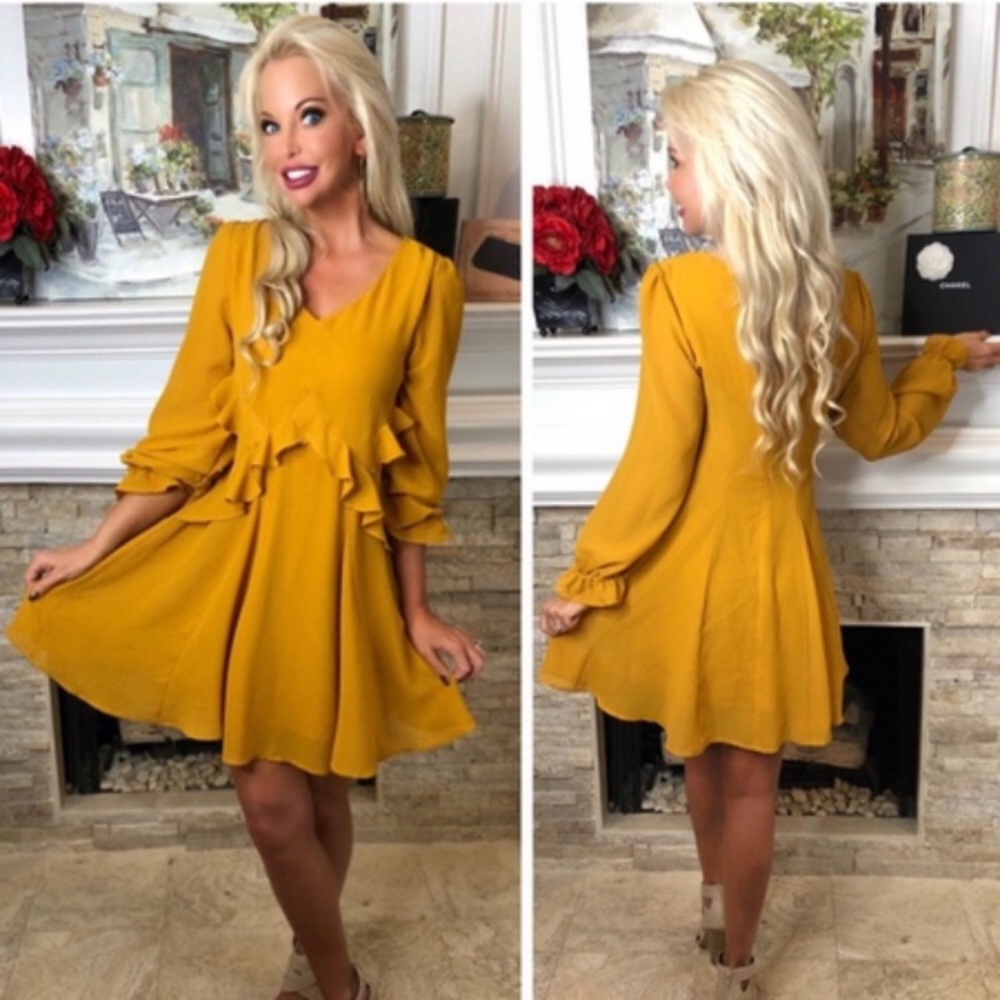 Yellow V-neck Dress With Ruffles